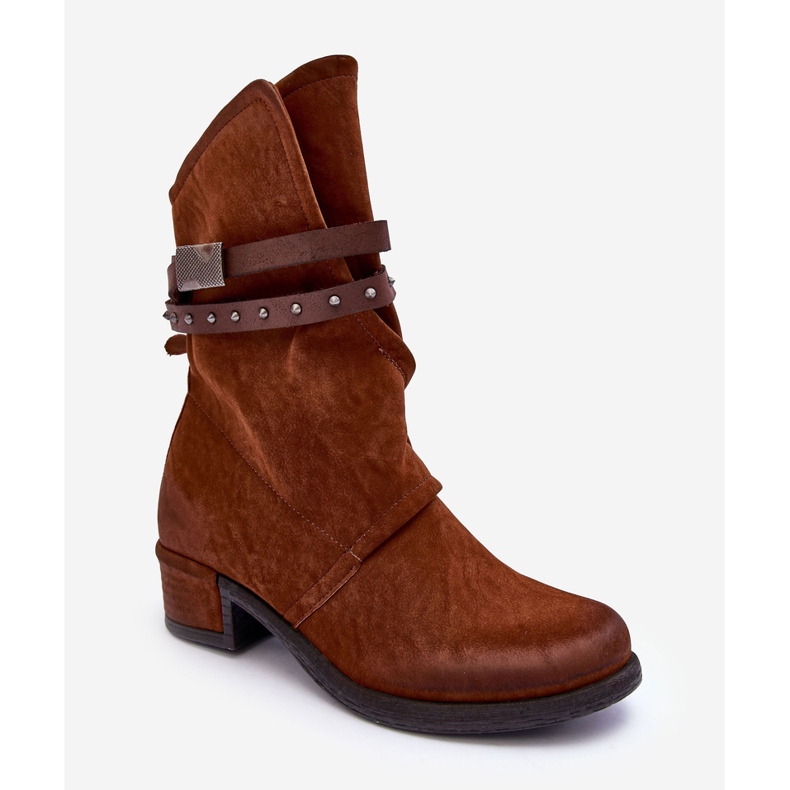 PS1 Botins femininos de salto baixo com alças Camel Thelereia marrom 1