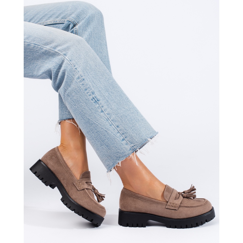 Mocassins Shelovet de camurça bege escuro com franjas 1