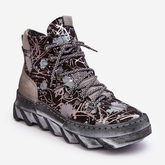 Botins quentes femininos de couro Maciejka 06146-03 cinza preto 1