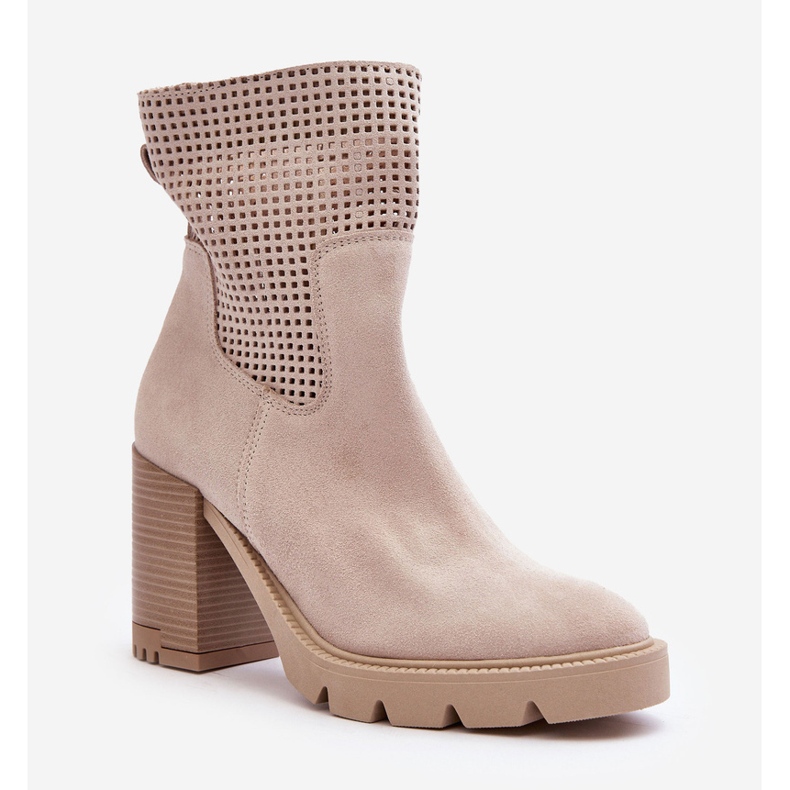 Lewski Shoes Botas femininas de camurça perfurada com salto alto bege claro Lewski 3386 1