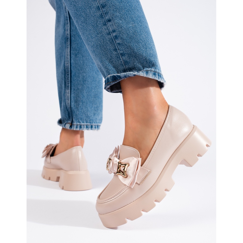 Mocassins de pérolas Shelovet com laço bege 1