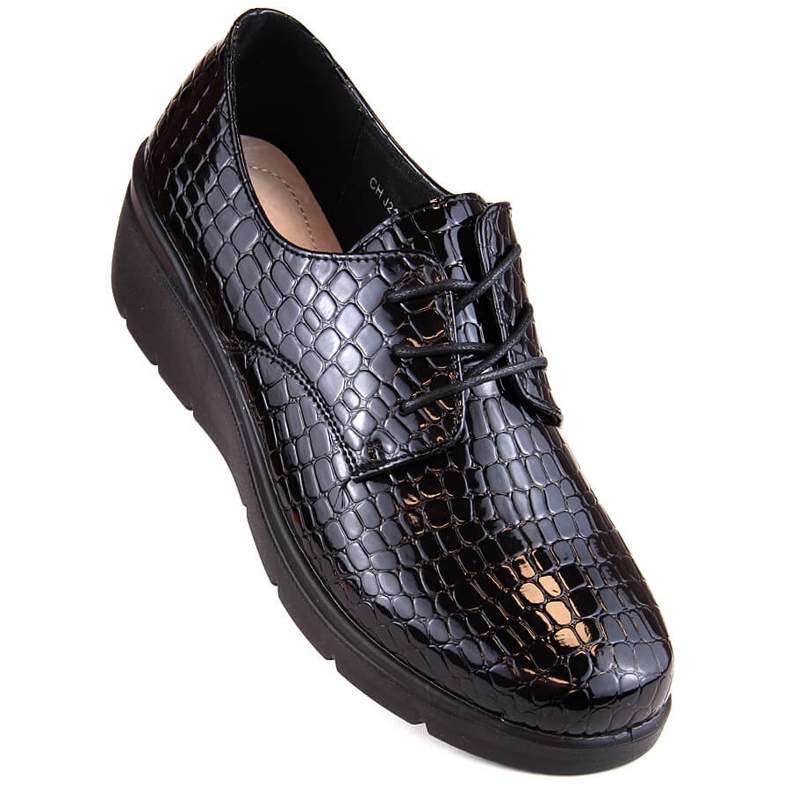 Sapatos femininos Croco oxford patenteados com cunha T.Sokolski 328 preto 1