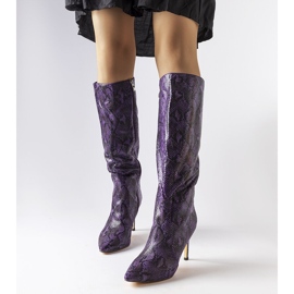 Botas de salto alto de pele de cobra roxa carmim roxo 1
