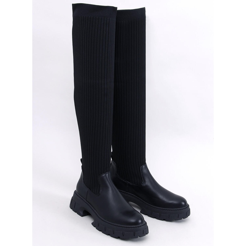 Teasly Botas pretas acima do joelho com parte superior flexível preto 1