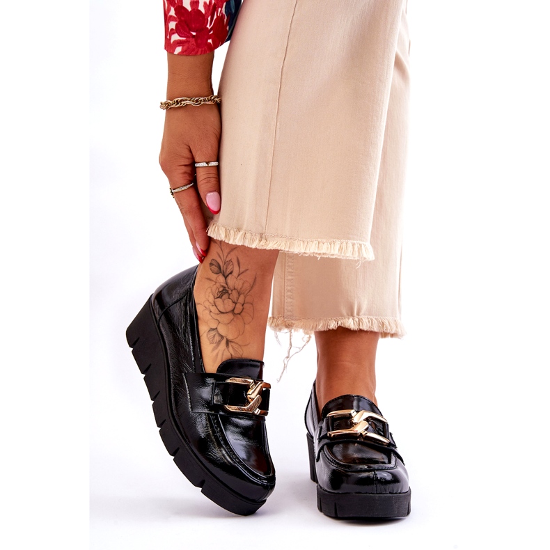 Lemar Mocassins de couro envernizado com decoração na cunha, preto 1