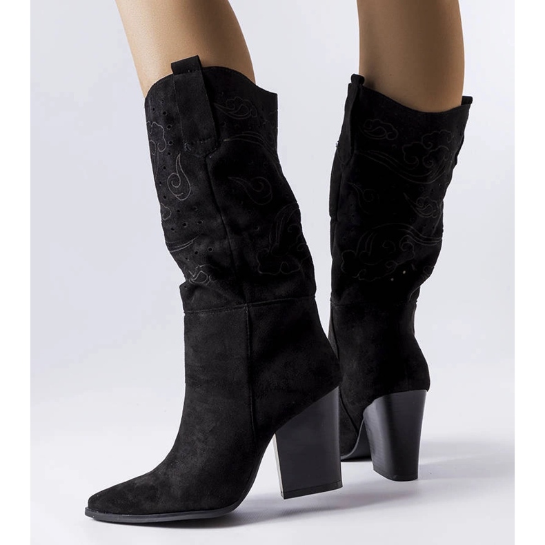 Botas cowboy pretas com cabedal vazado, Guibord preto 1