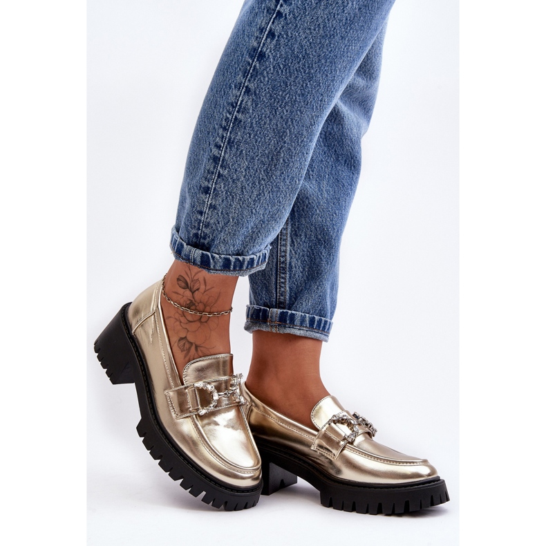 Sapatos femininos de couro com salto alto enorme, Gold Lemmitty dourado 2