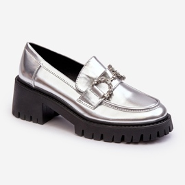 Sapatos femininos de couro com salto alto grosso, prata Lemmitty 1