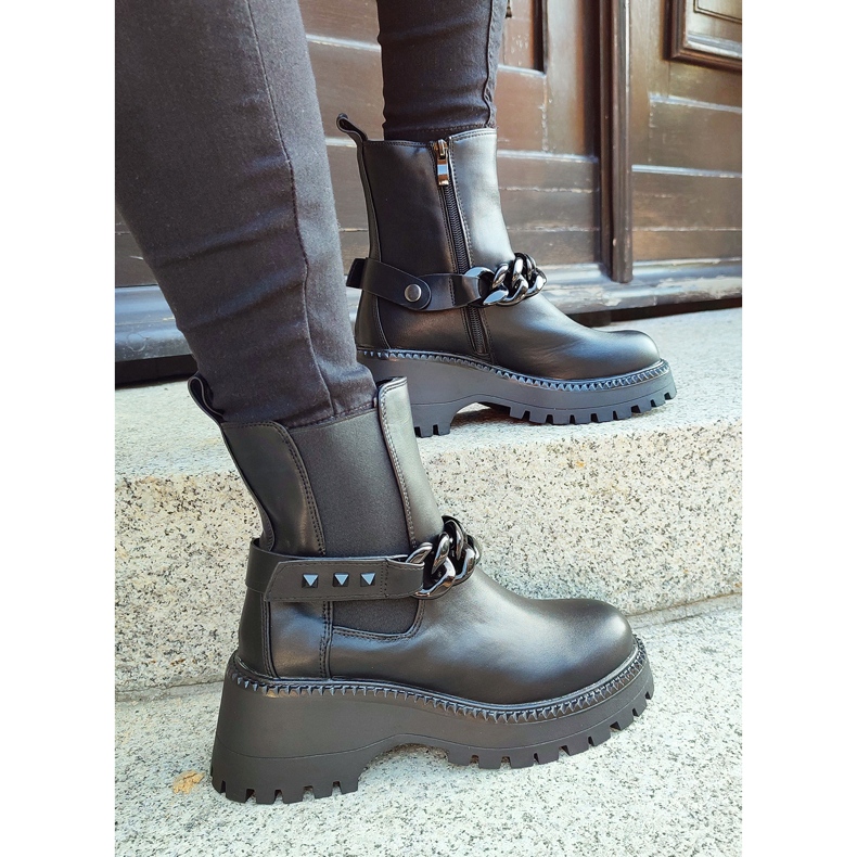 Botas Chelsea pretas femininas com corrente removível preto 2