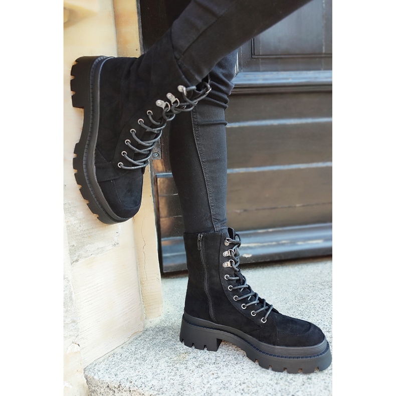 Botas femininas de camurça preta com sola grossa preto 1
