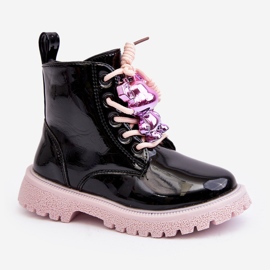 Miss Botas infantis com isolamento envernizado e decoração, Bunnyjoy preta e rosa preto 1