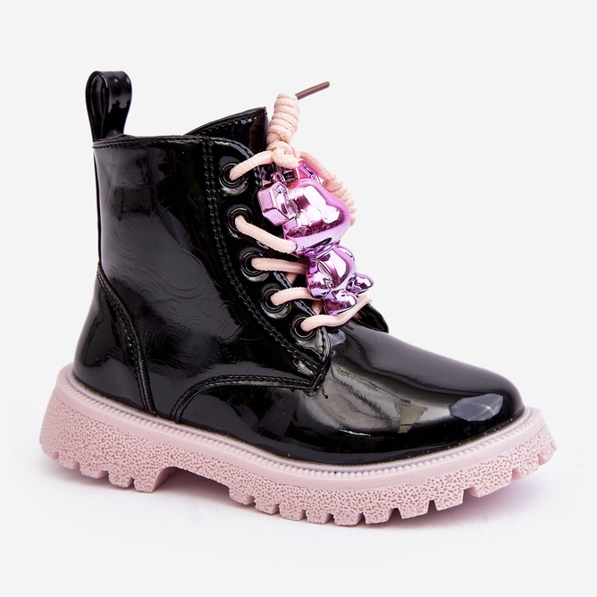 Miss Botas infantis com isolamento envernizado e decoração, Bunnyjoy preta e rosa preto 1