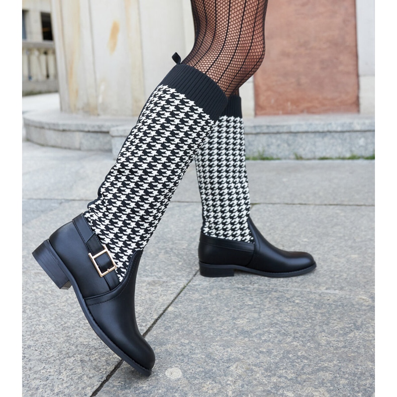 Botas longas houndstooth pretas e brancas da Maestas preto 2