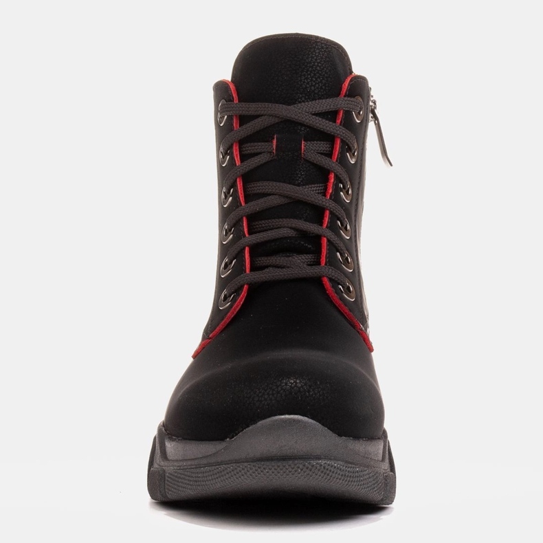 Marco Shoes Botas femininas de couro preto com bordas vermelhas 1