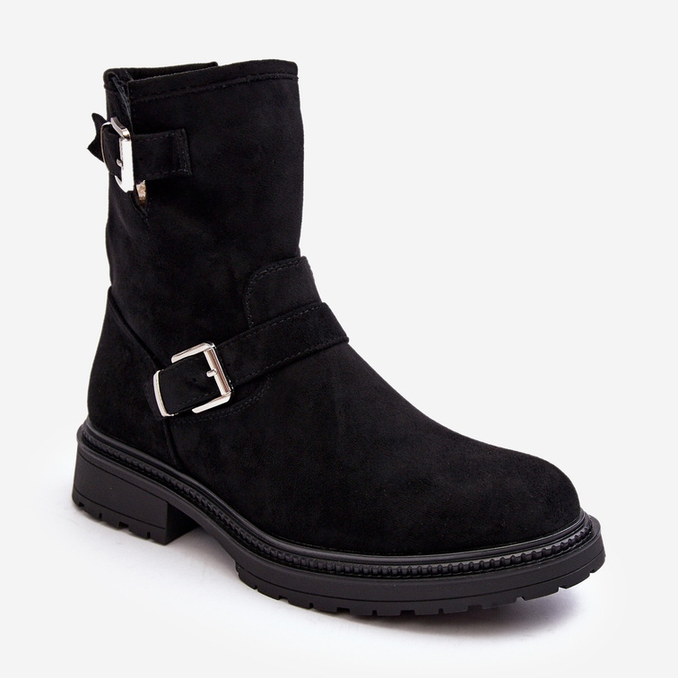 Botas femininas de salto baixo com fivelas pretas Bliggore preto 1