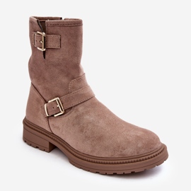 Botas femininas de salto baixo com fivelas, bege escuro Bliggore 1