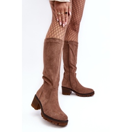 WS1 Botas femininas de salto baixo acima do joelho, marrom Beveta 1