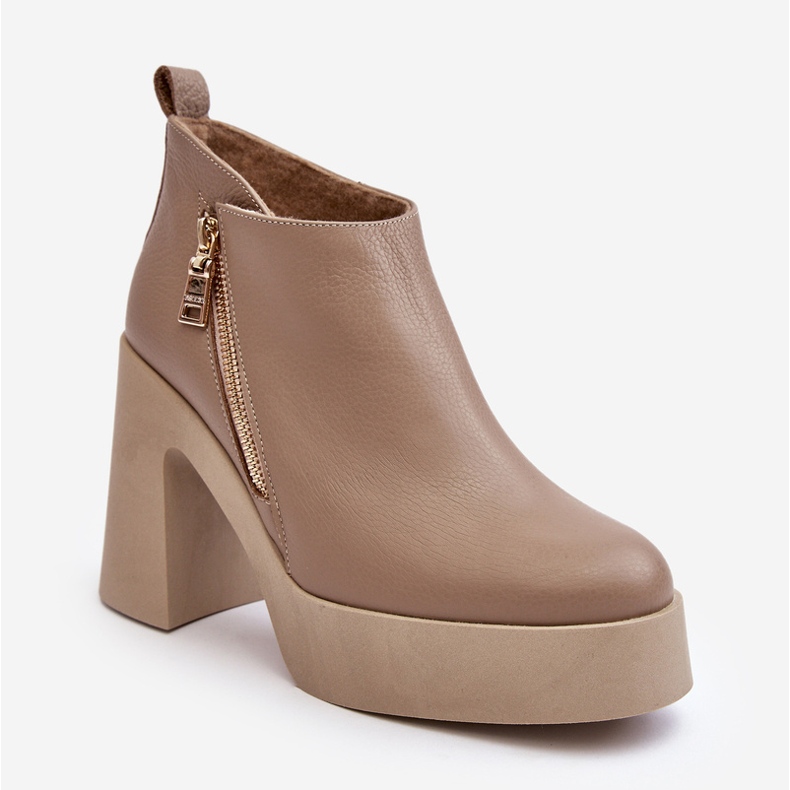 Botins femininos com salto alto maciço e zíper 1755 Zazoo Beige bege 1