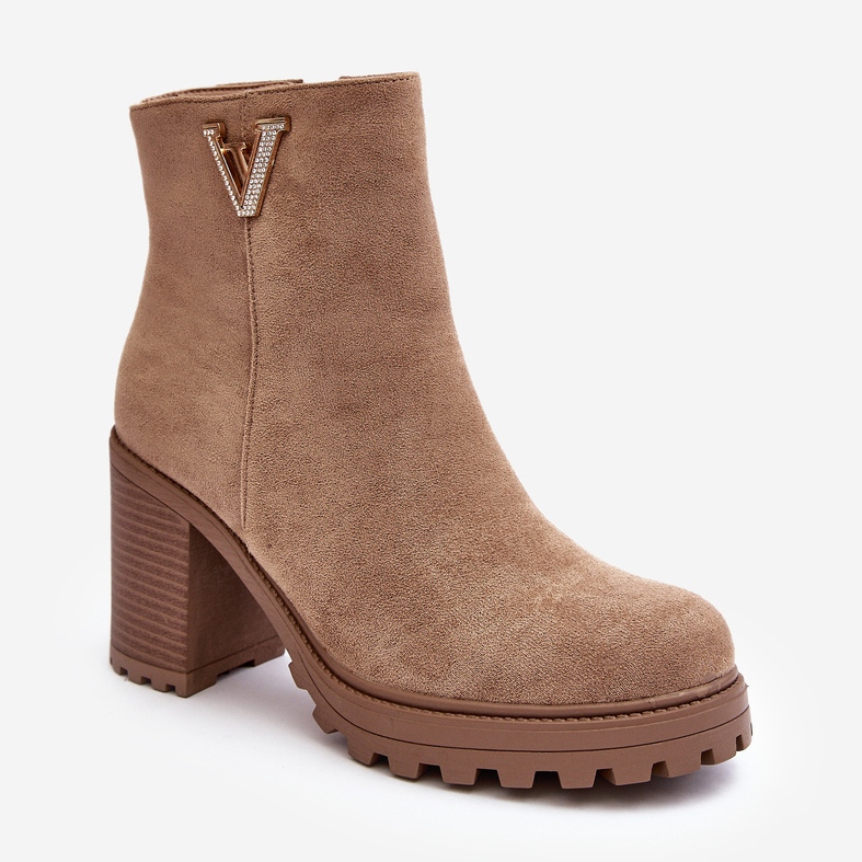 WJ2 Botins femininos de camurça de salto alto com decoração, bege forte 1