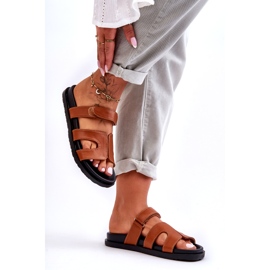 Joia Chinelos femininos clássicos de couro com velcro, marrom castanho 4