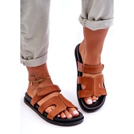 Joia Chinelos femininos clássicos de couro com velcro, marrom castanho 3