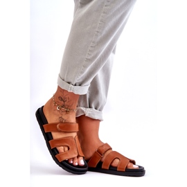 Joia Chinelos femininos clássicos de couro com velcro, marrom castanho 1