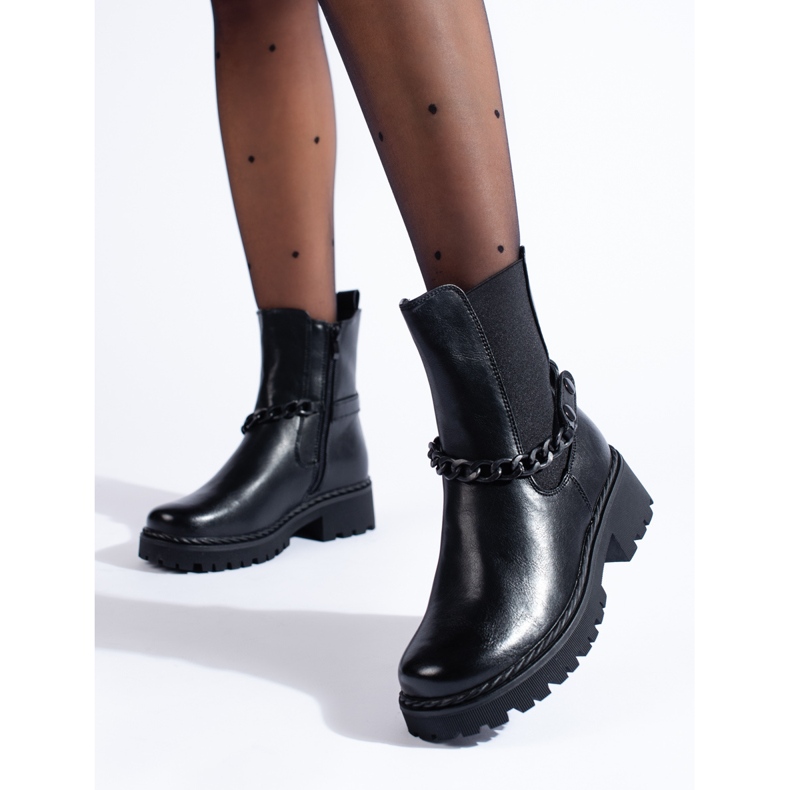 Botas Chelsea femininas negras com corrente preto 1