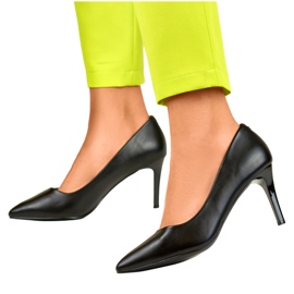 Salto alto feminino preto clássico baixo feito de couro ecológico 1