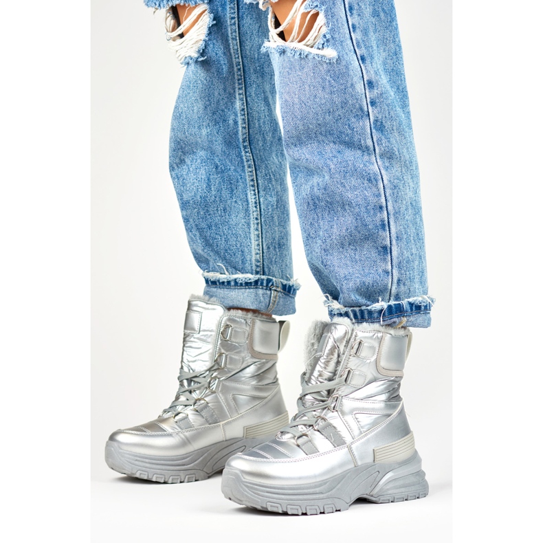 Botas femininas esportivas prateadas para neve com cadarço prata 2