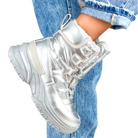Botas femininas esportivas prateadas para neve com cadarço prata 1