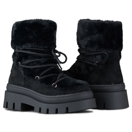 Botas femininas de pele preta para neve com atacadores decorativos preto 1