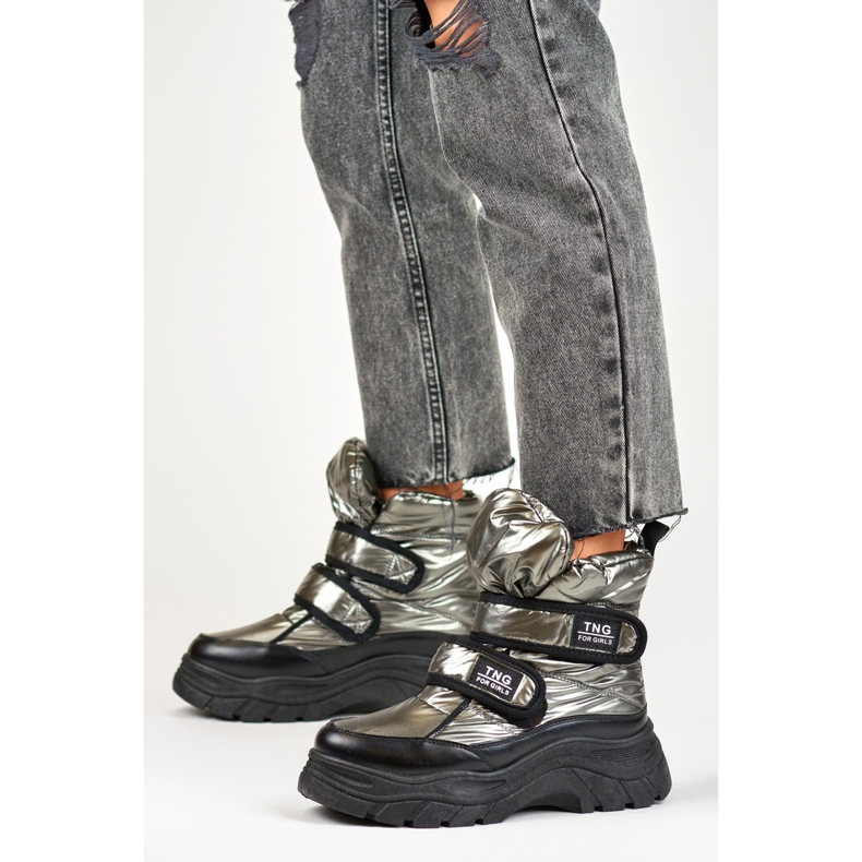 Botas de neve femininas quentes e brilhantes com velcro preto 2 Botas de neve femininas quentes e brilhantes com velcro preto 2