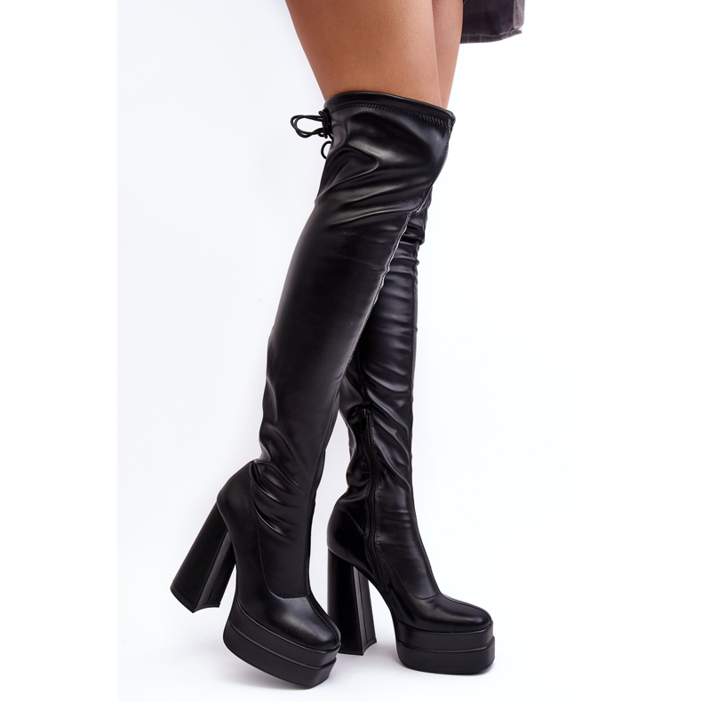 Botas femininas acima do joelho pretas Yoge com plataforma e salto alto preto 1