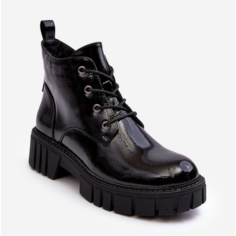 Sergio Leone Botins com cadarço isolados em couro envernizado preto Bjorg 2