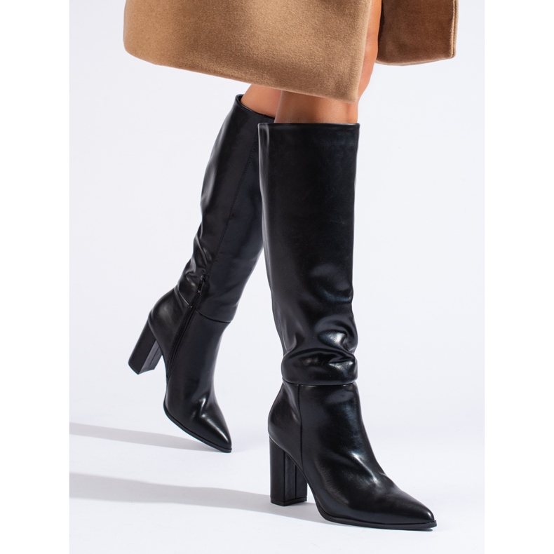 Elegantes botas pretas de salto alto feitas de couro ecológico Shelovet preto 1