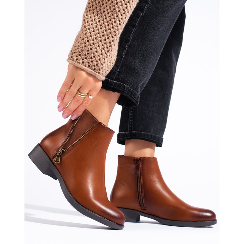 SHELOVET Botins clássicos de camelo baixo com zíper decorativo marrom 1