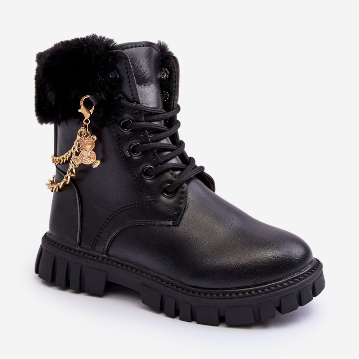 Botins infantis quentes de couro com corrente, Preto Cadia 1 Botins infantis quentes de couro com corrente, Preto Cadia 1