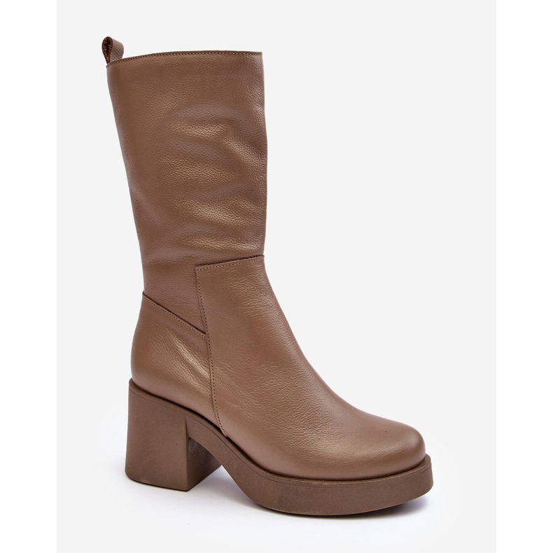 Botas femininas de couro Lemar Odennia bege escuro com salto grosso 2