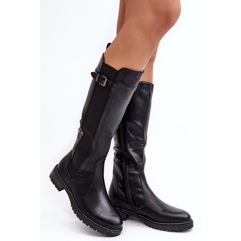 Botas femininas acima do joelho com salto plano, pretas Klemmo preto 1