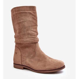 Botas femininas bege com salto plano e cano alto franzido 1