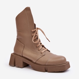 Botins femininos de couro com salto plano maciço Zazoo 976A bege escuro 2