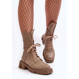 Botins femininos de couro com salto plano maciço Zazoo 976A bege escuro 1