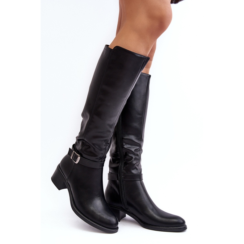 Sergio Leone Botas femininas acima do joelho com salto baixo preto Bafiske preto 1