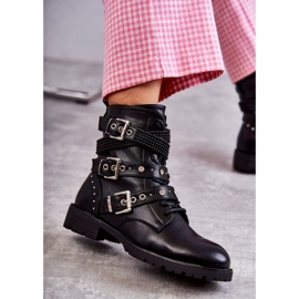 Botins femininos de couro com tiras decorativas preto 4