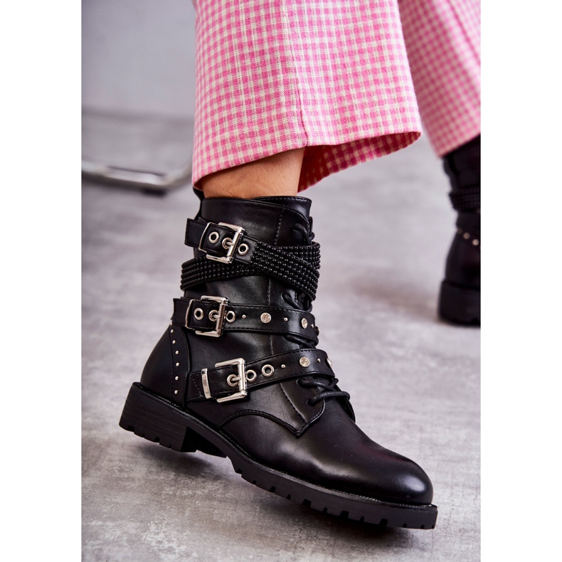 Botins femininos de couro com tiras decorativas preto 4