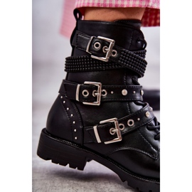 Botins femininos de couro com tiras decorativas preto 2