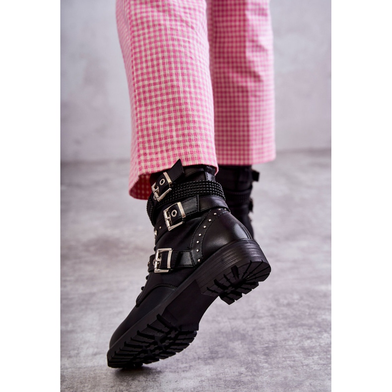 Botins femininos de couro com tiras decorativas preto 3
