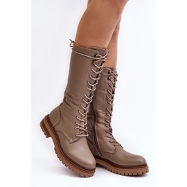 Botas femininas de cano médio com cadarço bege Elavettsa 1