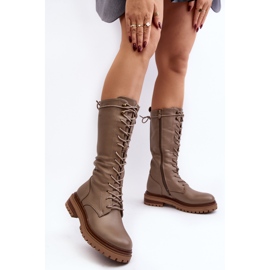 Botas femininas de cano médio com cadarço bege Elavettsa 2