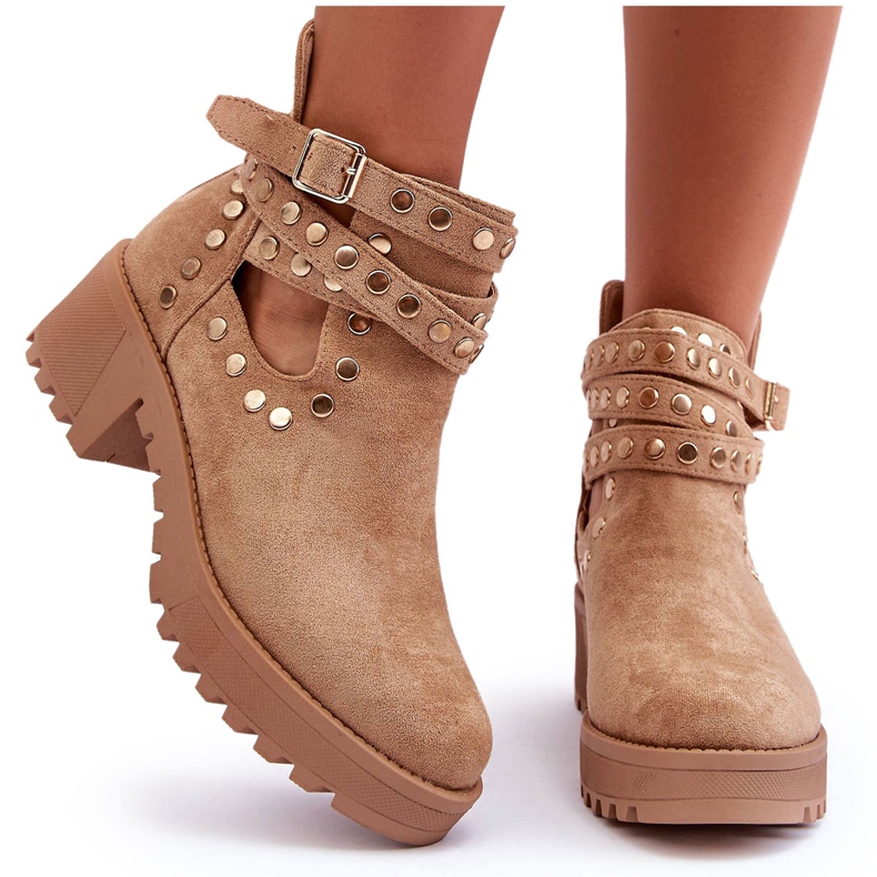 Botas femininas de camurça Bella com tachas decorativas bege 8